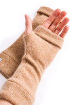 Turtle Doves Camel Brown Cashmere Fingerless Gloves, worn on hand, palm view