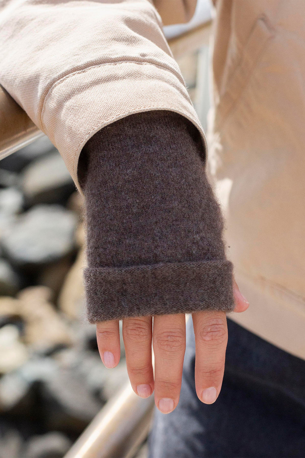 Turtle Doves Camel Brown Cashmere Fingerless Gloves, worn on hand, back view