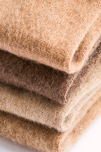 Turtle Doves Camel Brown Cashmere Fingerless Gloves, folded stack