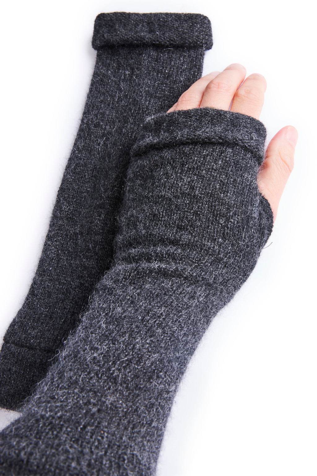 Turtle Doves Charcoal Grey Cashmere Fingerless Gloves, worn on hands, side view