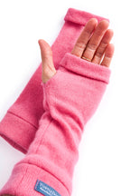 Turtle Doves Cherry Blossom Pink Cashmere Fingerless Gloves, worn on hands, palm view