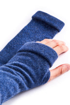 Turtle Doves Denim Blue Cashmere Fingerless Gloves, worn on hands, side view