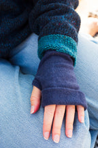 Turtle Doves Denim Blue Cashmere Fingerless Gloves, worn with jeans, back of hand