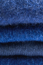 Turtle Doves Denim Blue Cashmere Fingerless Gloves, knit texture close-up