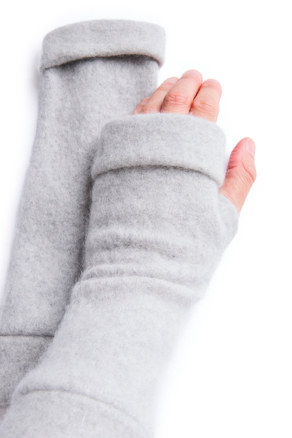 Turtle Doves Grey Cashmere Fingerless Gloves, worn on hands, studio