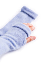 Turtle Doves Light Blue Cashmere Fingerless Gloves, worn on hand, side view