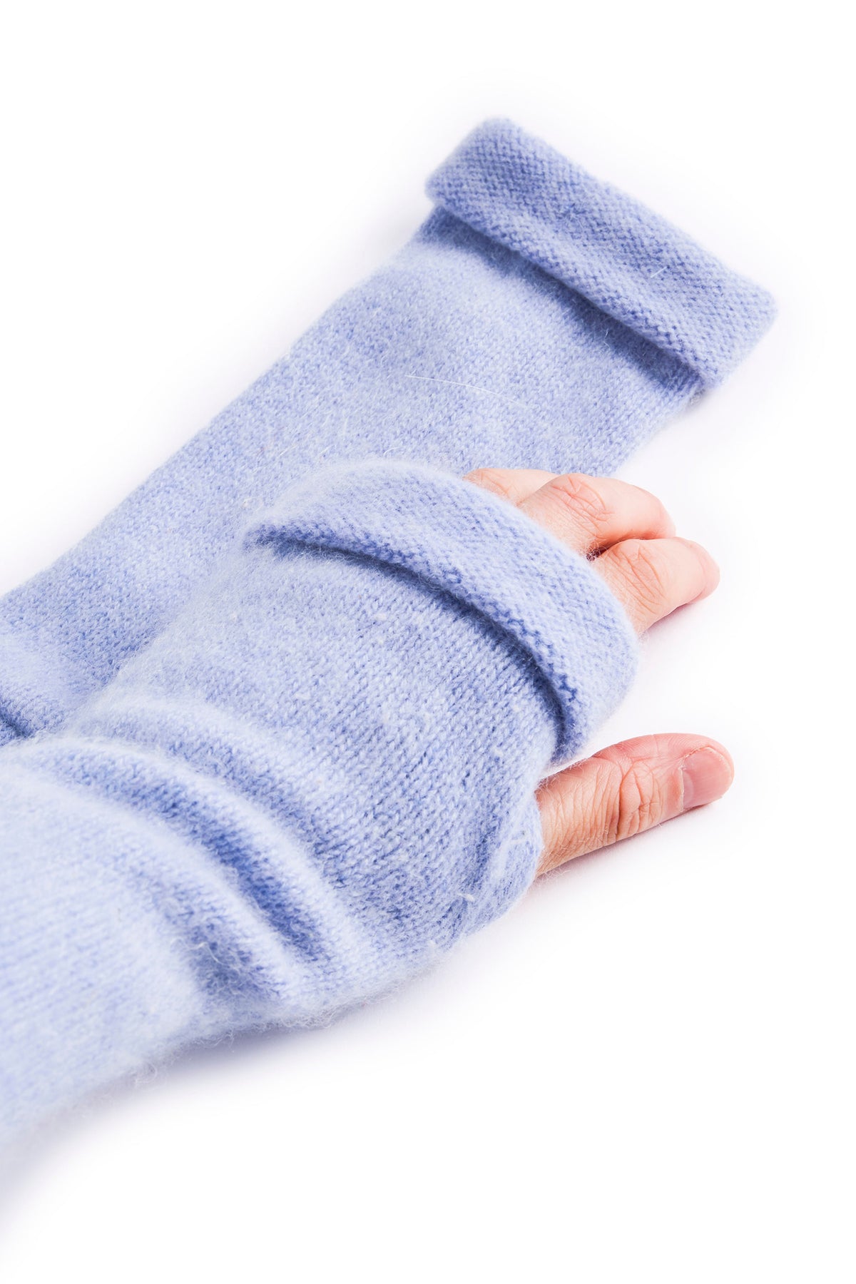 Turtle Doves Light Blue Cashmere Fingerless Gloves, worn on hand, side view