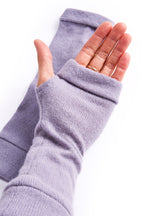Turtle Doves Lilac Purple Cashmere Fingerless Gloves, worn on hands, palm view