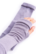 Turtle Doves Lilac Purple Cashmere Fingerless Gloves, worn on hands, side view