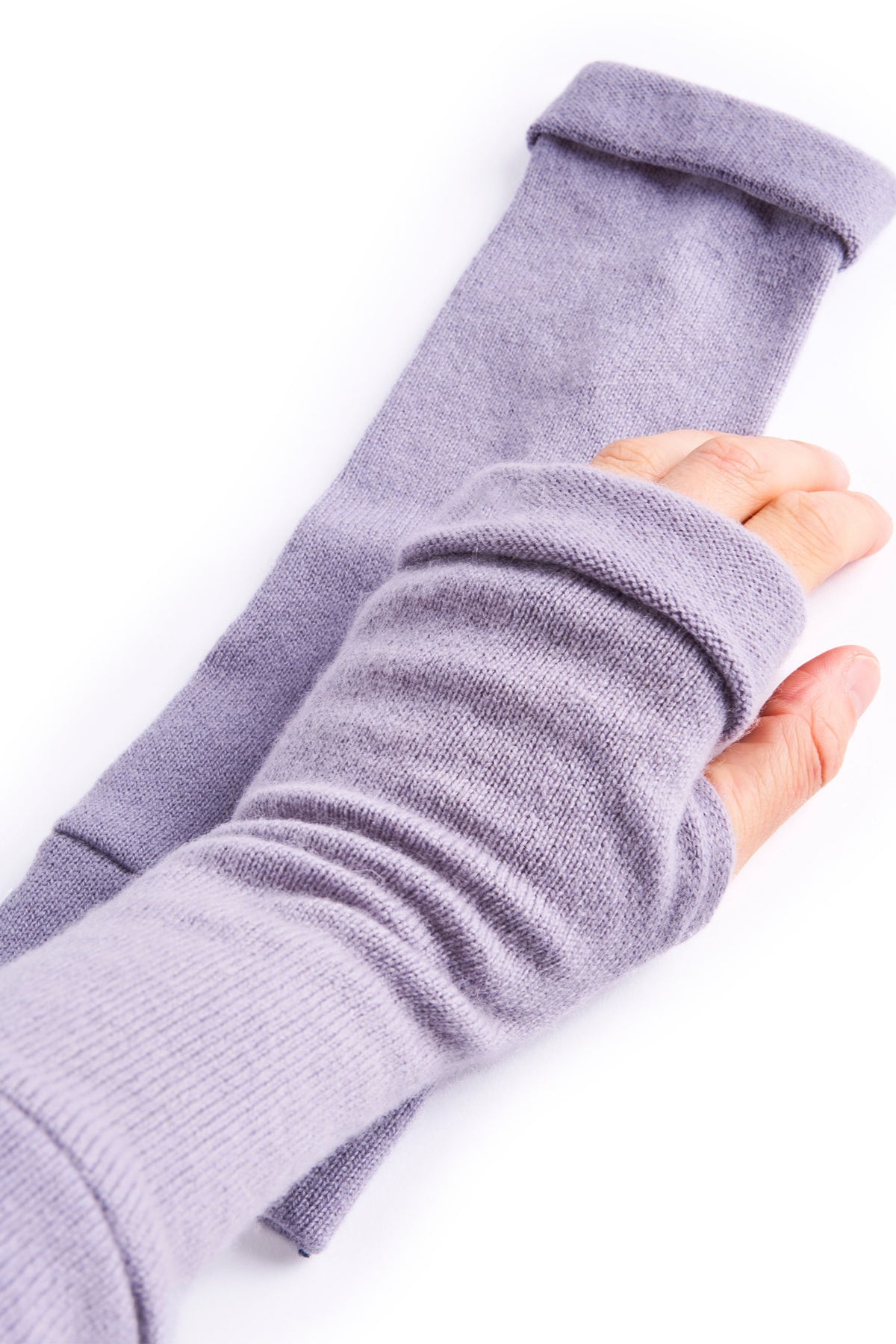 Turtle Doves Lilac Purple Cashmere Fingerless Gloves, worn on hands, side view