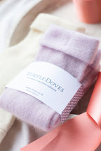 Turtle Doves Lilac Purple Cashmere Fingerless Gloves, gift wrapped with ribbon