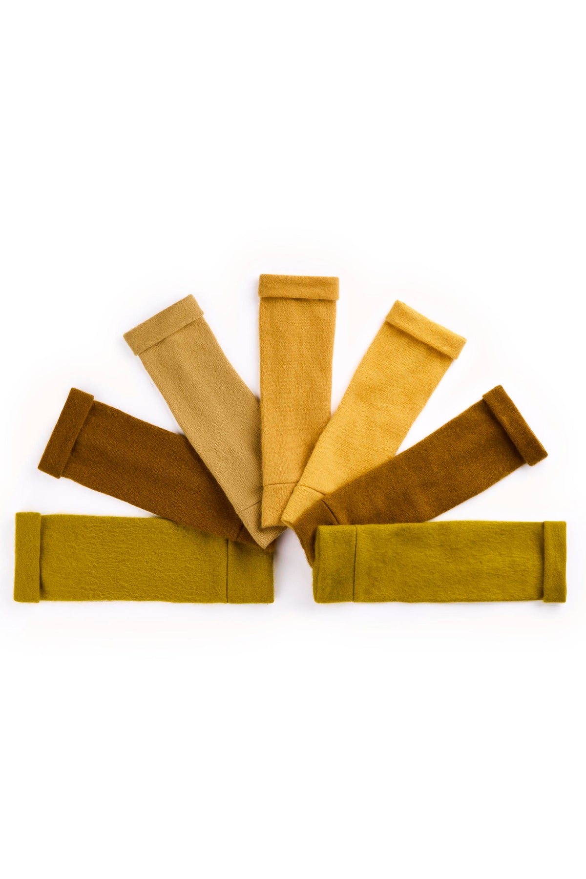 Turtle Doves Mustard Yellow Cashmere Fingerless Gloves, flat lay