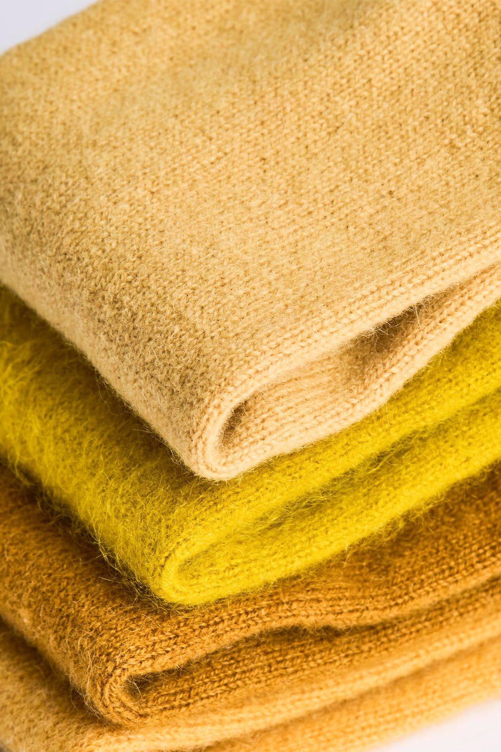 Turtle Doves Mustard Yellow Cashmere Fingerless Gloves, folded stack