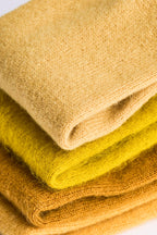 Turtle Doves Mustard Yellow Cashmere Fingerless Gloves, folded stack
