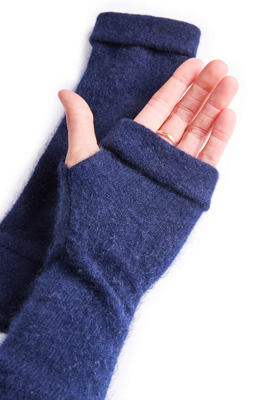 Turtle Doves Navy Cashmere Fingerless Gloves, worn on hands, palm view