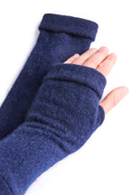 Turtle Doves Navy Cashmere Fingerless Gloves, worn on hands, side view