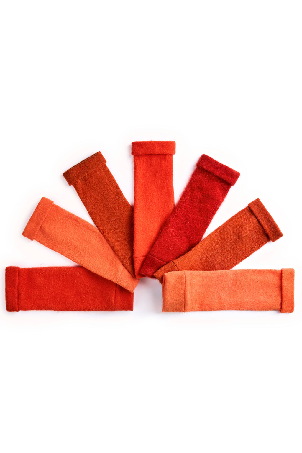 Turtle Doves Orange Cashmere Fingerless Gloves, flat lay