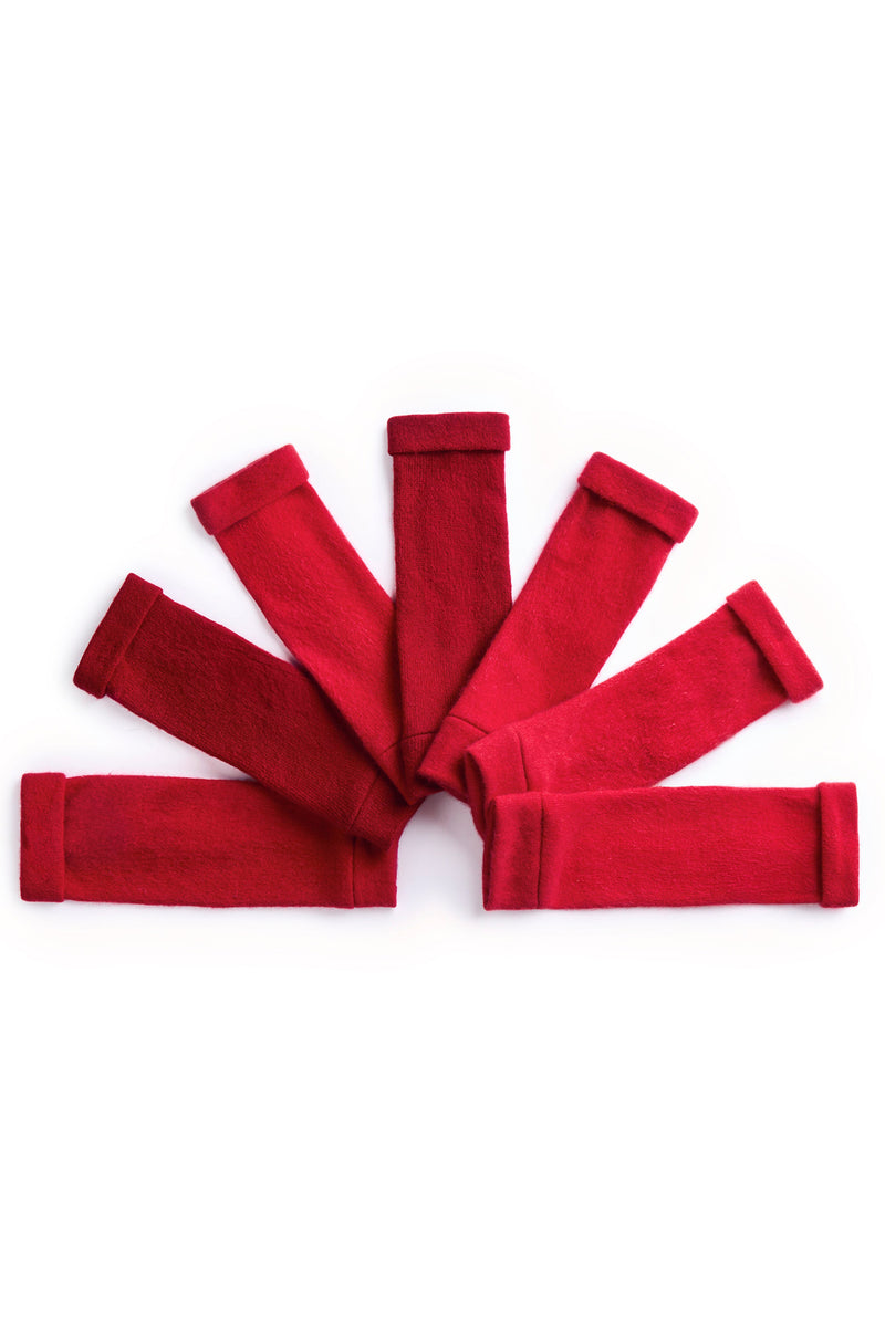 Turtle Doves Red Cashmere Fingerless Gloves, flat lay