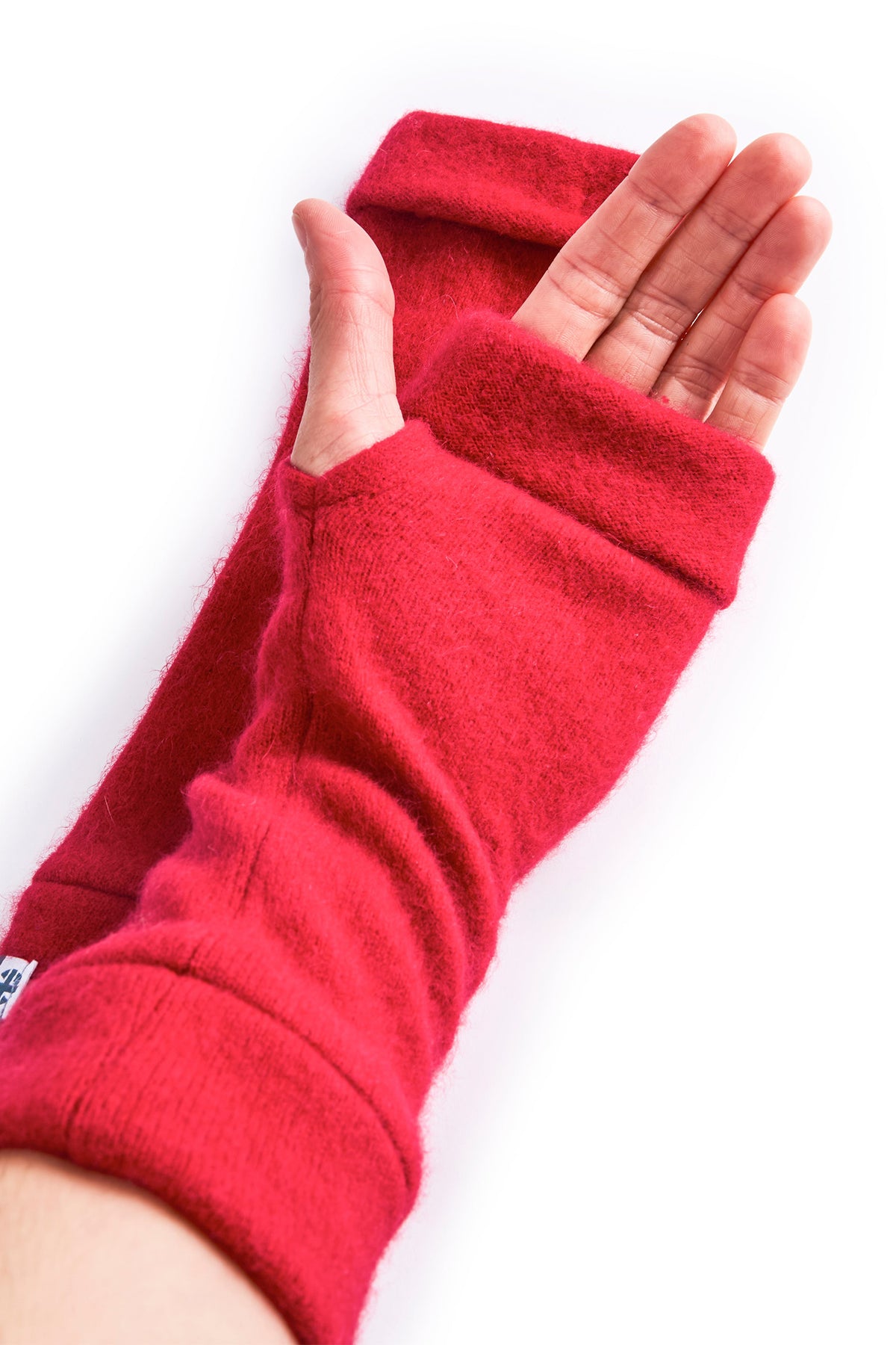 Turtle Doves Red Cashmere Fingerless Gloves, worn on hands, palm view