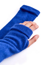 Turtle Doves Royal Blue Cashmere Fingerless Gloves, worn on hands, side view