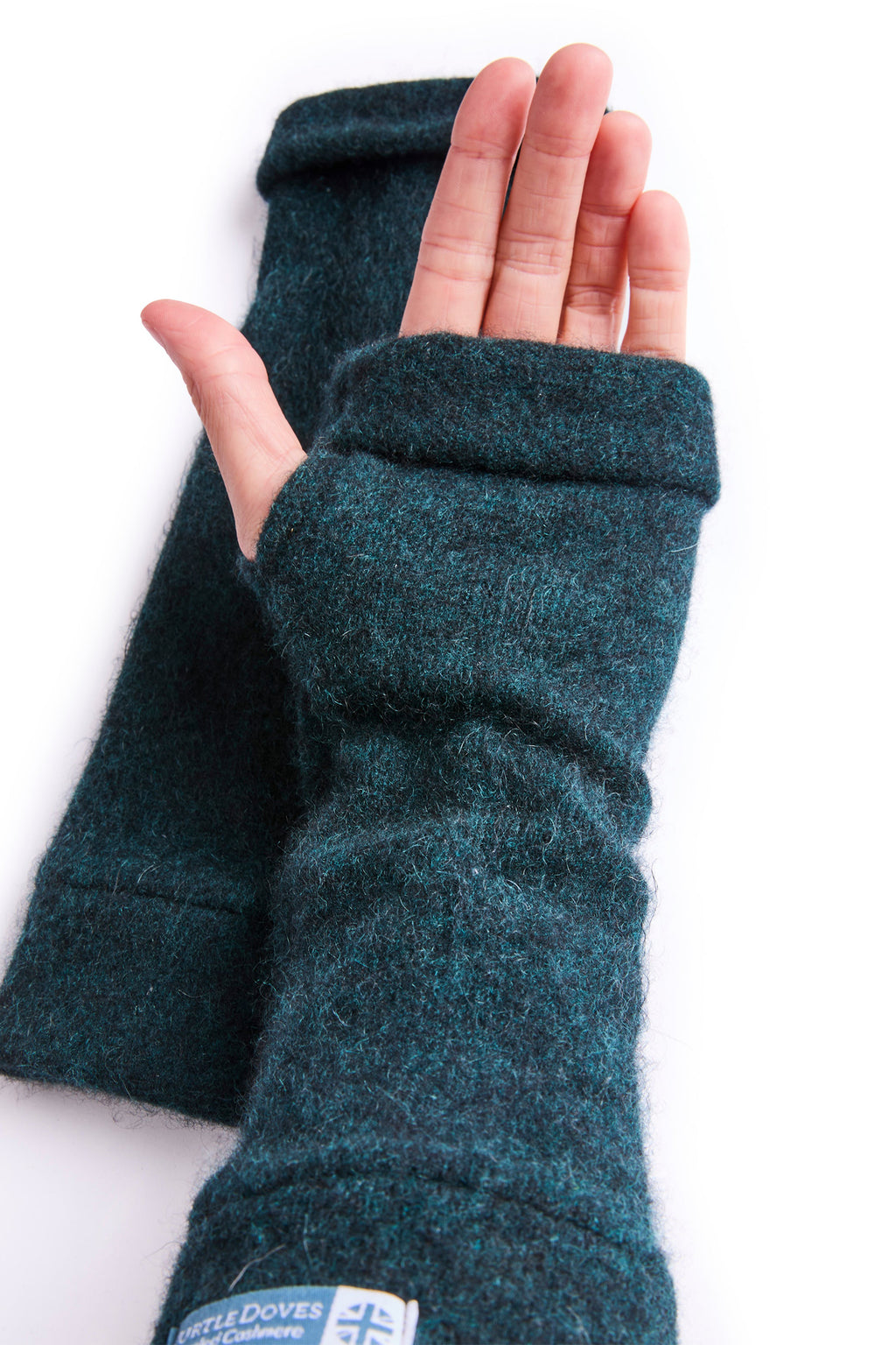 Turtle Doves Woodland Green Cashmere Fingerless Gloves, worn on hands, palm view