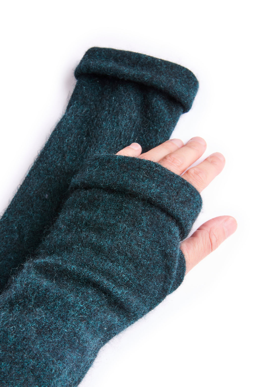 Turtle Doves Woodland Green Cashmere Fingerless Gloves, worn on hands, side view