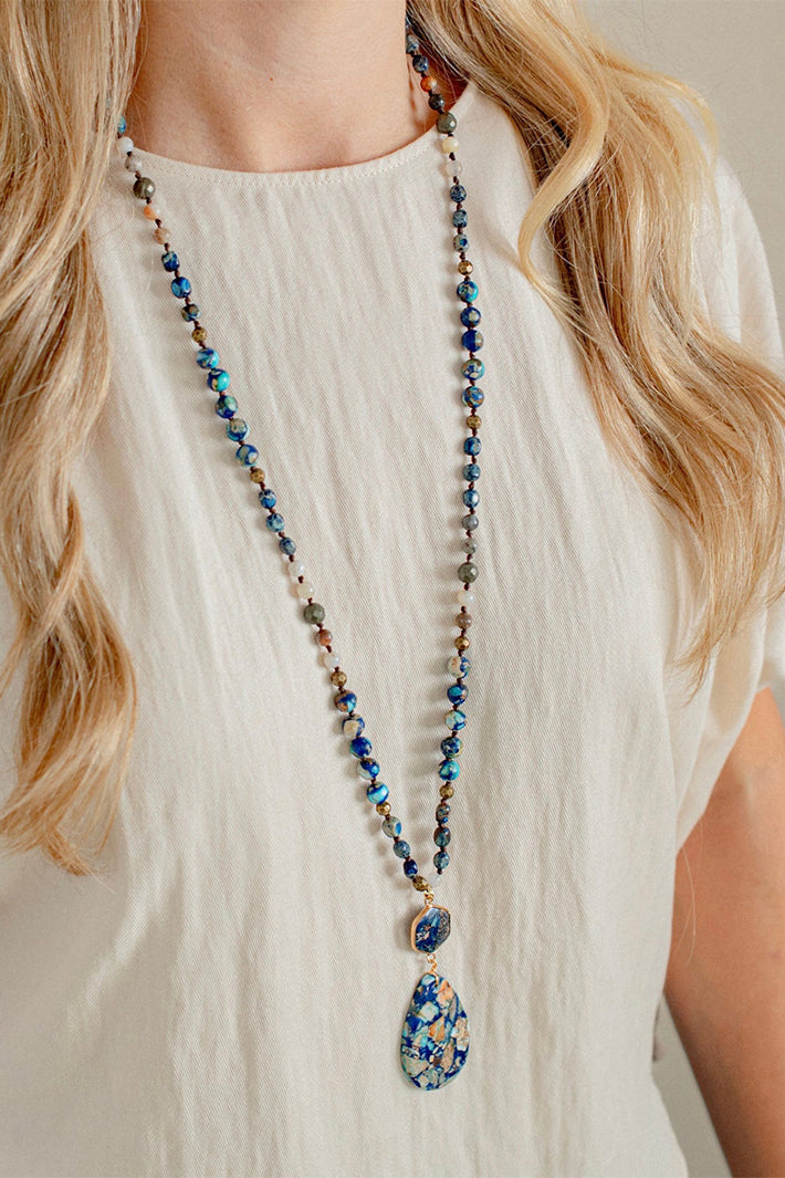 Wild Spirit Blue Jasper Necklace, worn