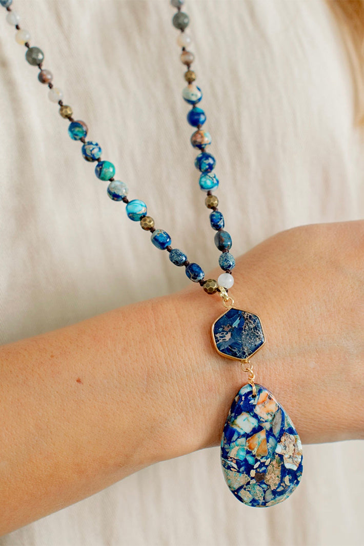 Wild Spirit Blue Jasper Necklace, worn close-up