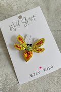 Wild Spirit Bright Bee Multicolour Brooch, flat lay on branded card