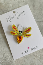 Wild Spirit Bright Bee Multicolour Brooch, flat lay on branded card