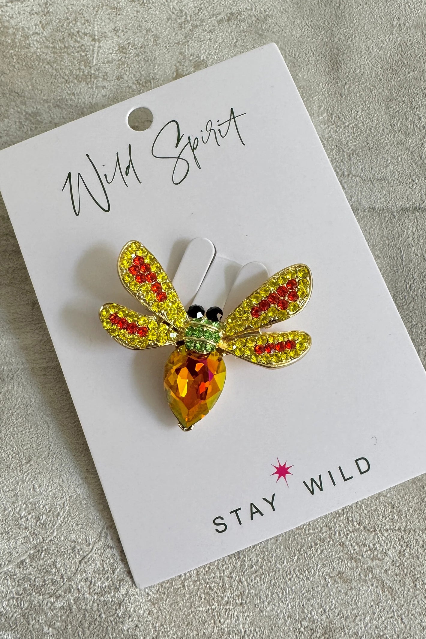 Wild Spirit Bright Bee Multicolour Brooch, flat lay on branded card