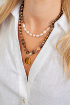 Wild Spirit Fearless Muse Tiger Eye & Freshwater Pearl Brown Necklace, worn