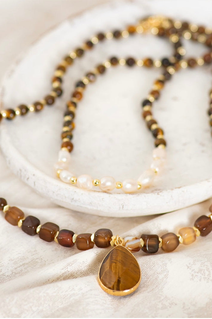Wild Spirit Fearless Muse Tiger Eye & Freshwater Pearl Brown Necklace, styled