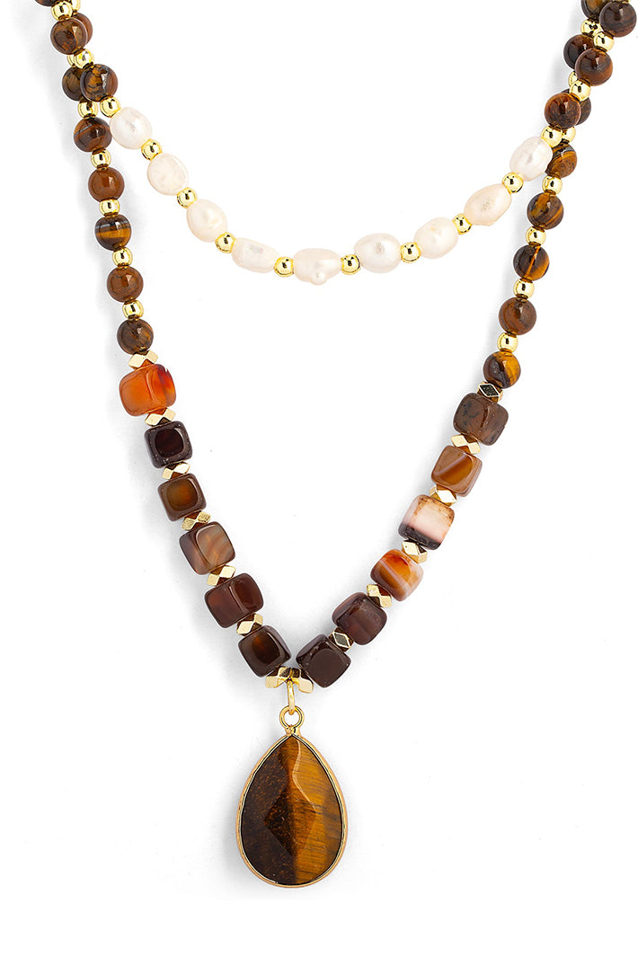 Wild Spirit Fearless Muse Tiger Eye & Freshwater Pearl Brown Necklace, front view