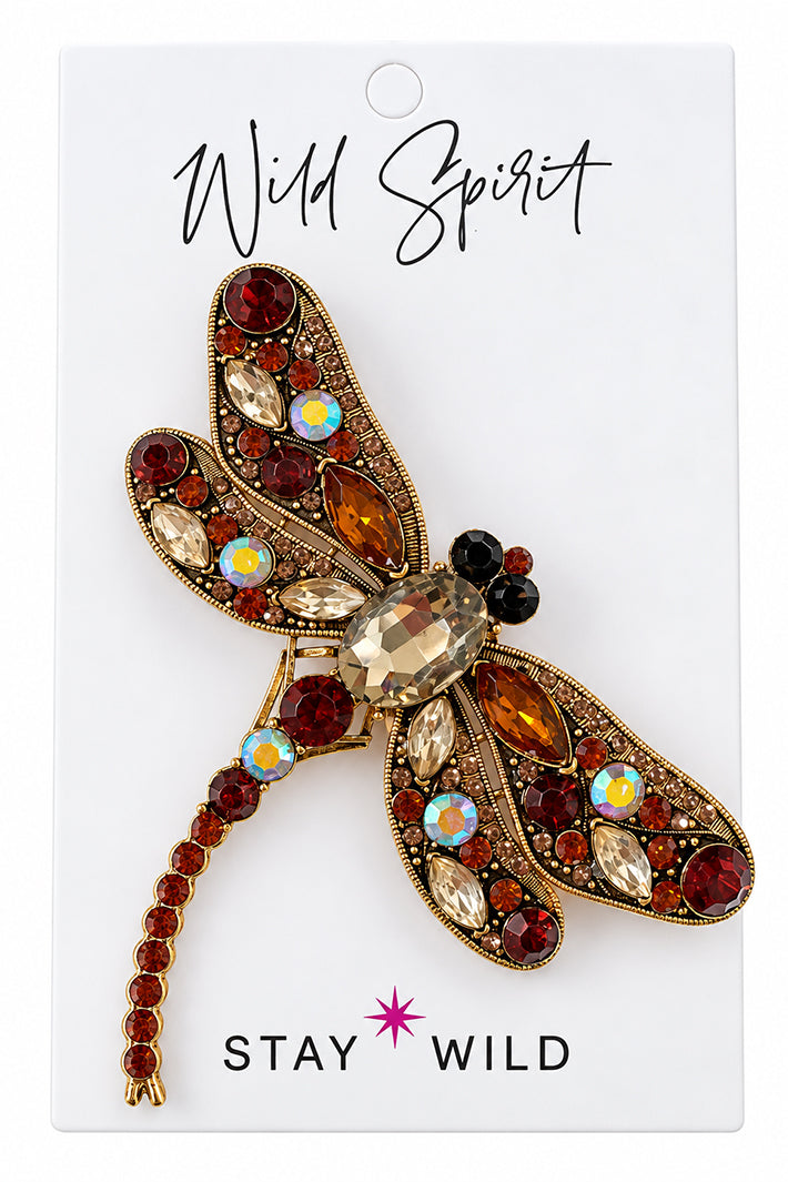 Wild Spirit Giant Dragonfly Amber Brown Brooch, on card