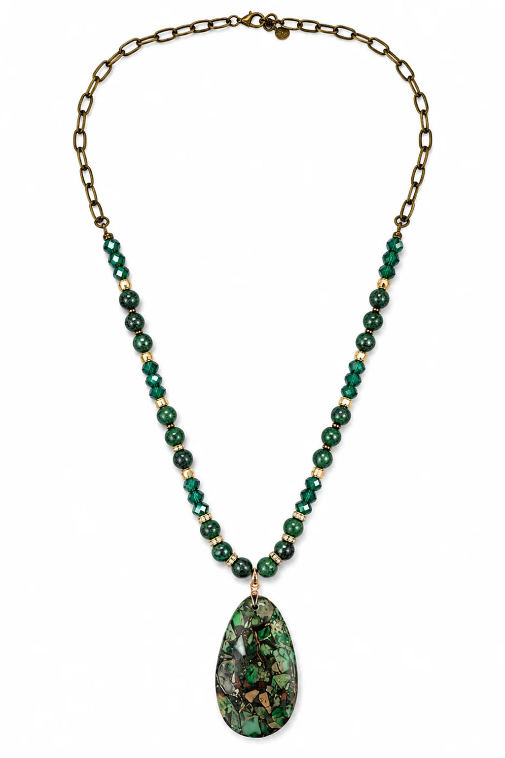 Wild Spirit Green Jasper Link Chain Necklace, flat lay with pendant detail