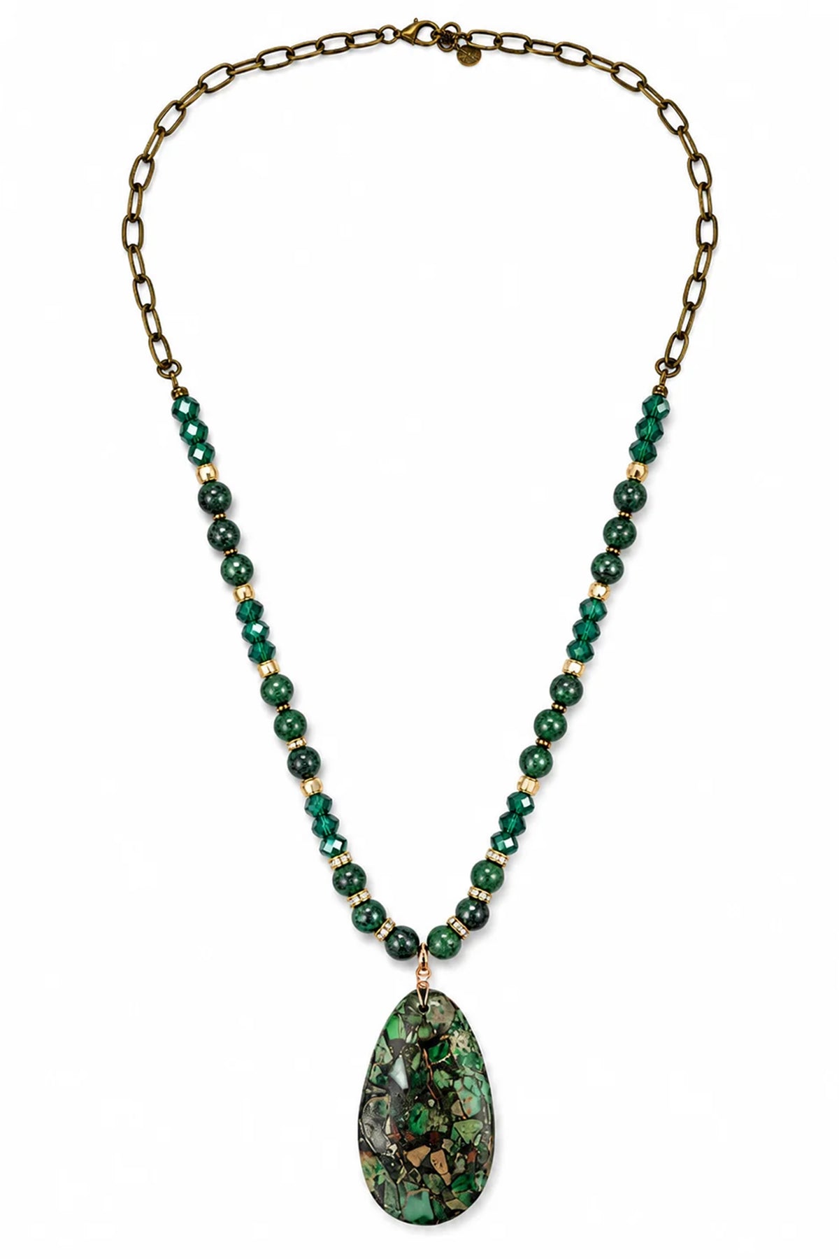 Wild Spirit Green Jasper Link Chain Necklace, flat lay with pendant detail