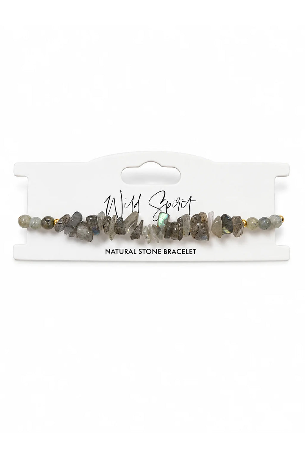 Wild Spirit Labradorite Grey Chip Bracelet, flat lay on branded card