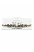 Wild Spirit Labradorite Grey Chip Bracelet, flat lay on branded card