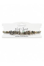 Wild Spirit Labradorite Grey Chip Bracelet, flat lay on branded card