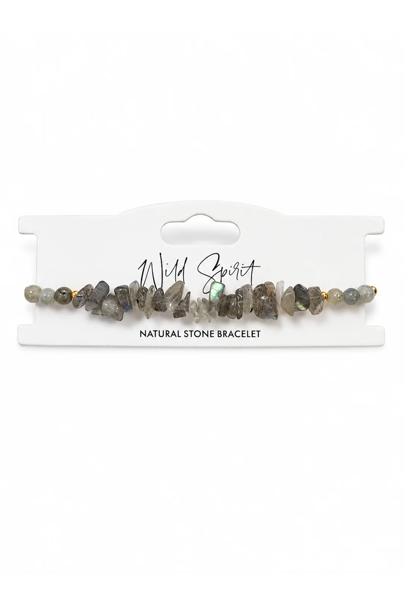 Wild Spirit Labradorite Grey Chip Bracelet, flat lay on branded card