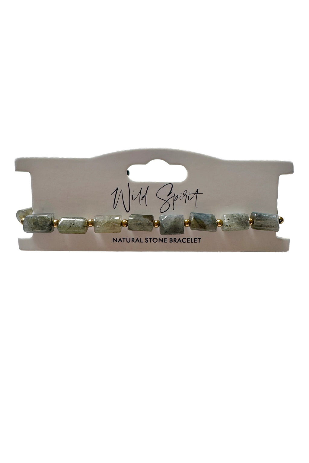 Wild Spirit Labradorite Grey Rock Bracelet, flat lay on branded card
