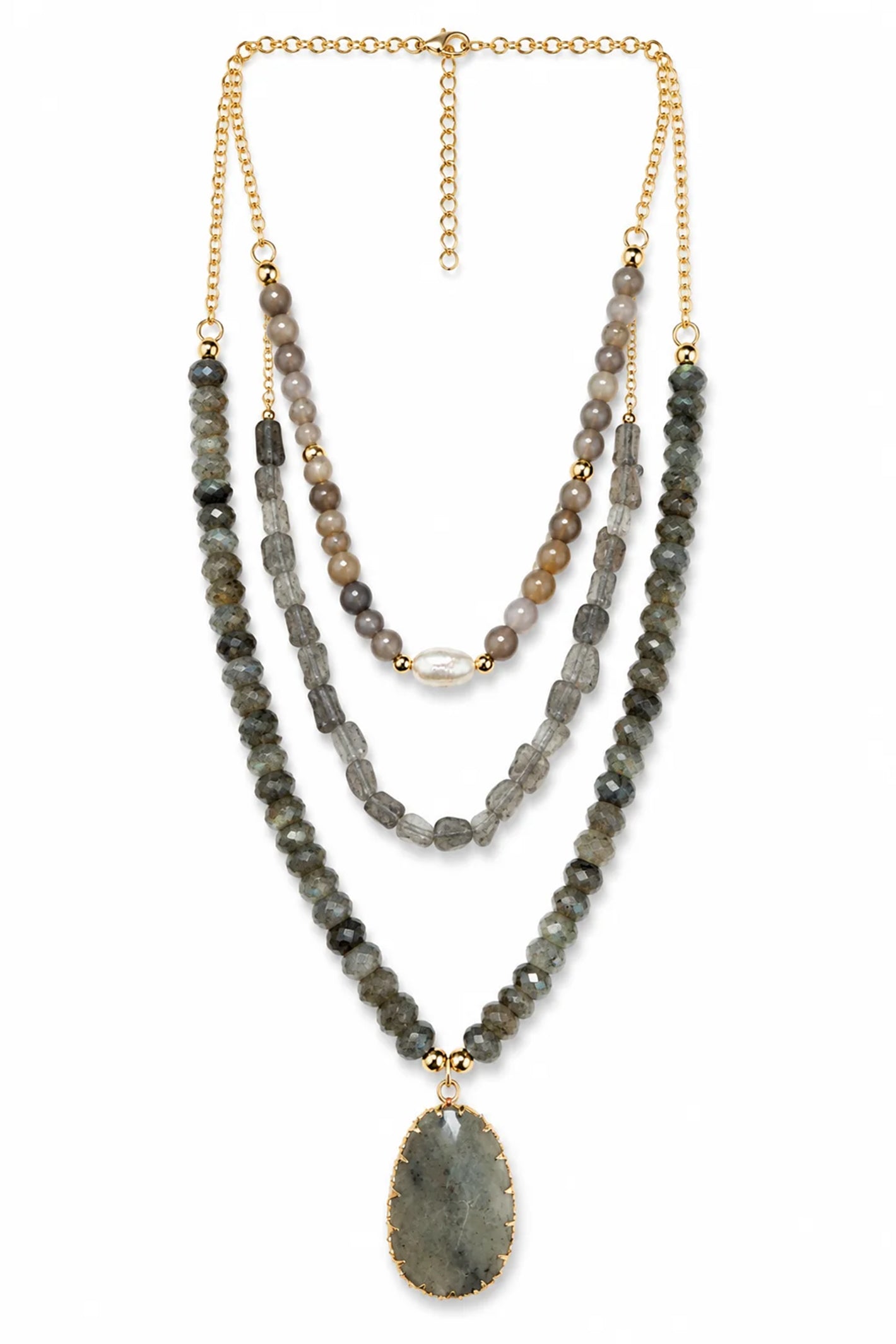 Wild Spirit Labradorite Grey Triple Layer Necklace, flat lay