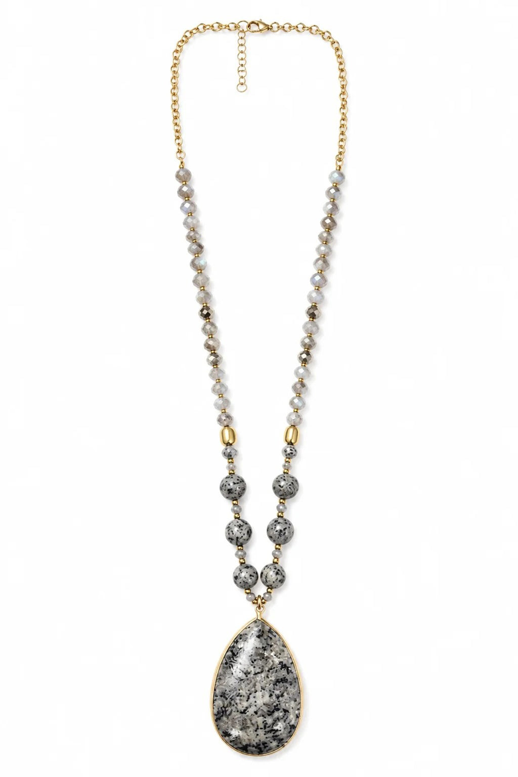 Wild Spirit Larvikite Grey Glow Necklace, flat lay with pendant detail