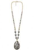 Wild Spirit Larvikite Grey Glow Necklace, flat lay with pendant detail