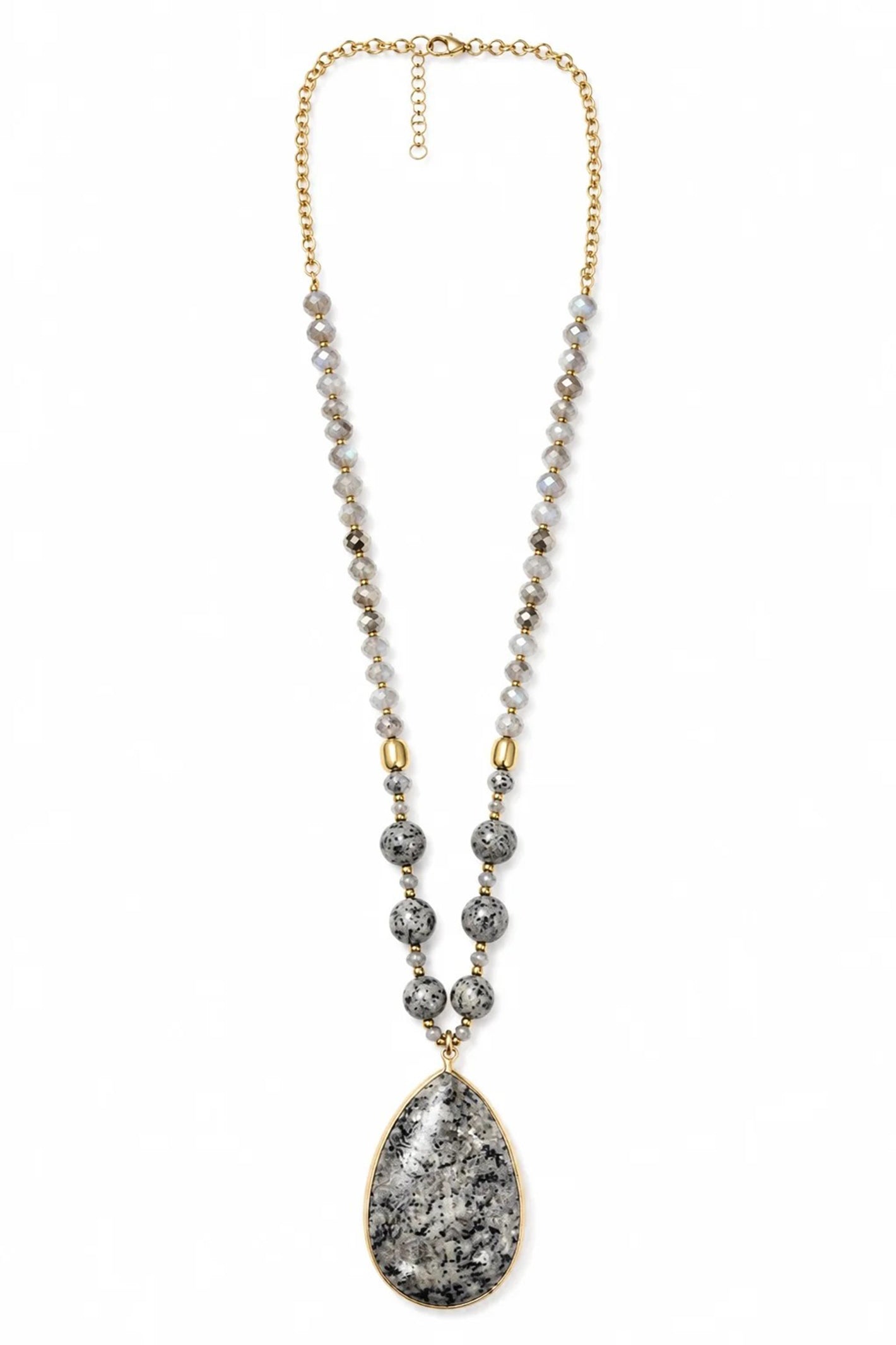 Wild Spirit Larvikite Grey Glow Necklace, flat lay with pendant detail