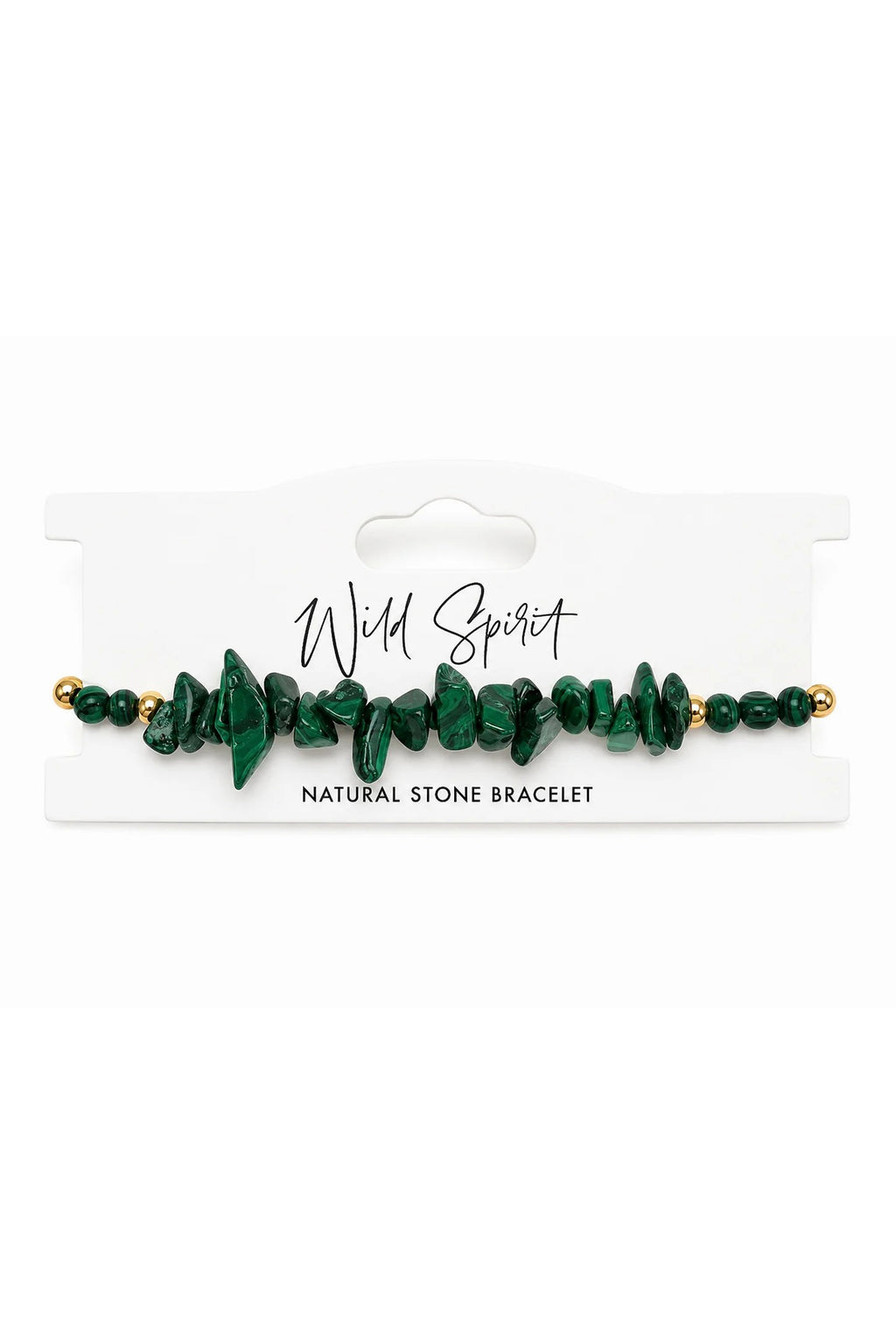 Wild Spirit Malachite Green Chip Bracelet, flat lay on branded card