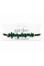 Wild Spirit Malachite Green Chip Bracelet, flat lay on branded card