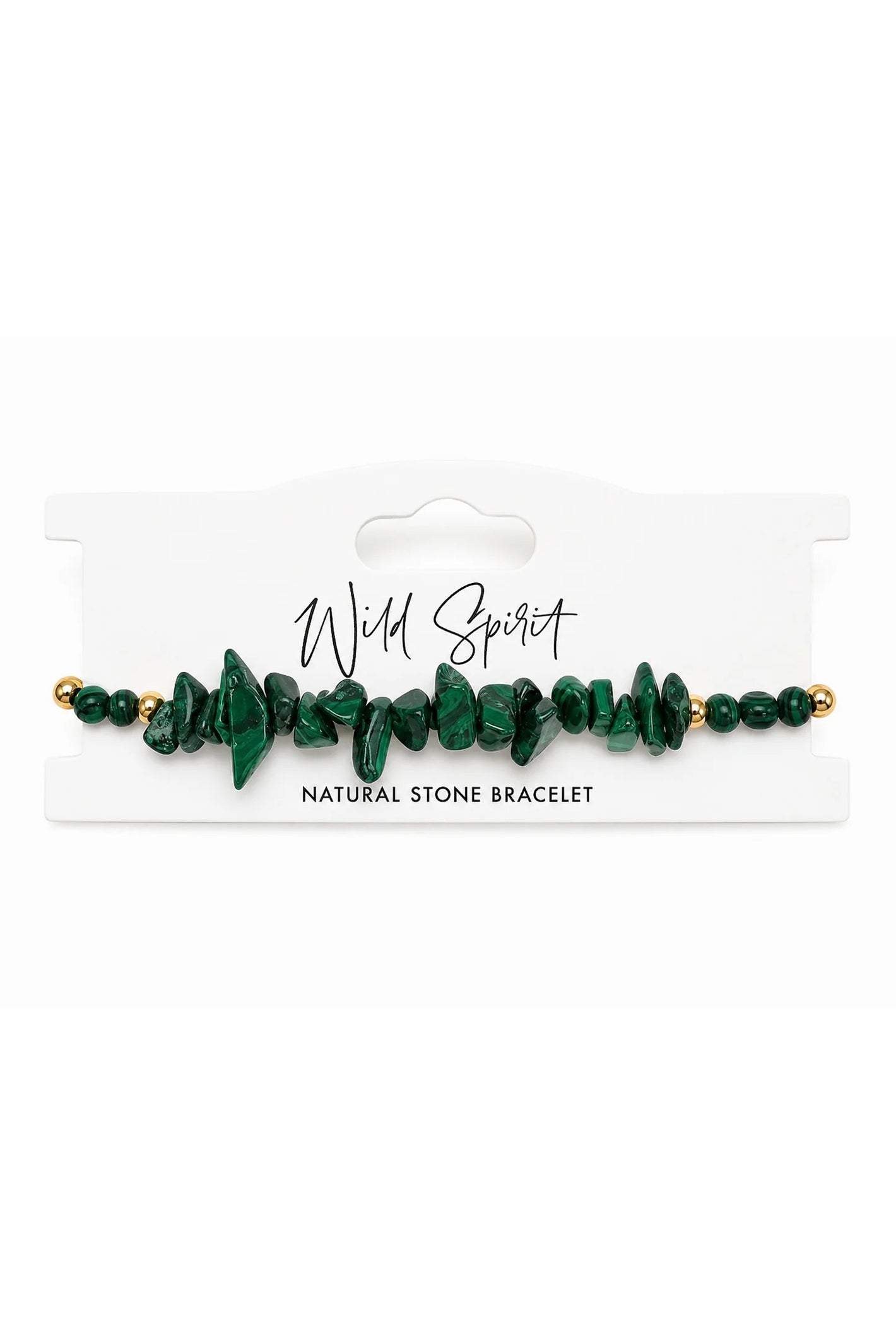 Wild Spirit Malachite Green Chip Bracelet, flat lay on branded card