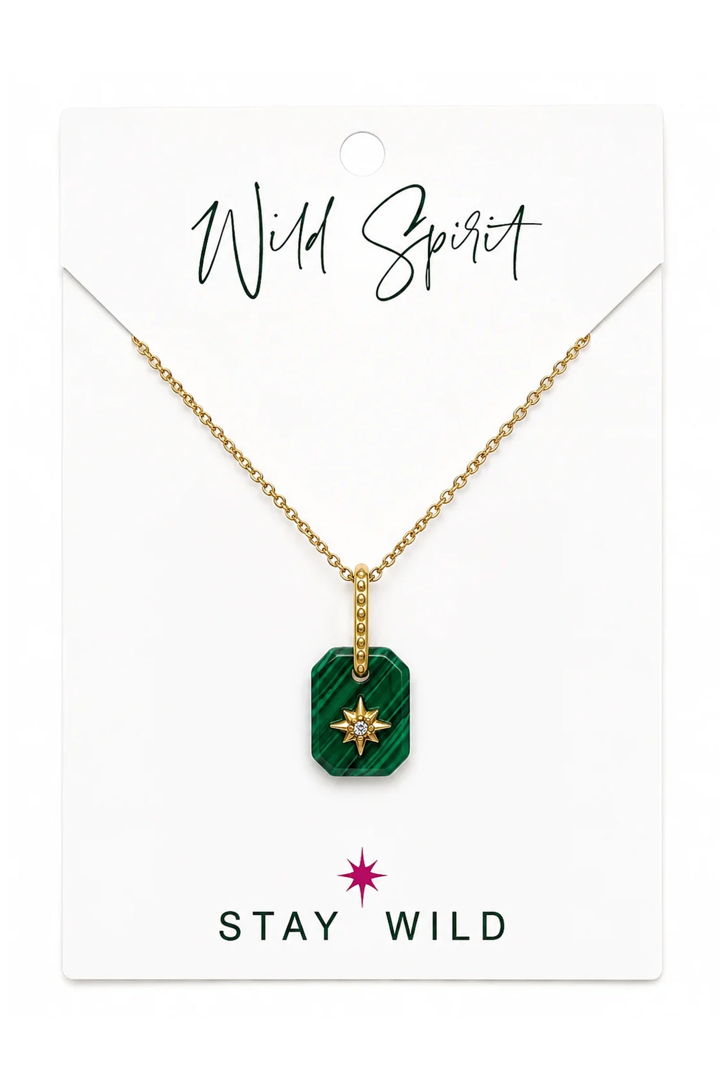 Wild Spirit Malachite Green Star Necklace, flat lay on branded card